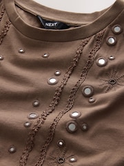 Brown Mirror Embellished Short Sleeve Crew Neck T-Shirt - Image 2 of 3