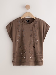Brown Mirror Embellished Short Sleeve Crew Neck T-Shirt - Image 6 of 8