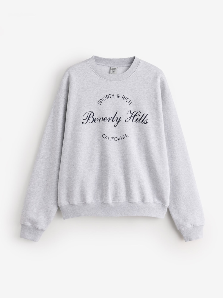 Sporty & Rich Grey Beverly Script Crewneck Sweat Top - Image 1 of 4