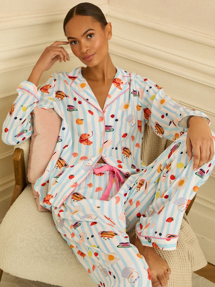 Pale Blue And White Striped - Love & Roses Button Down Pyjamas Set - Imaginea 1 din 4