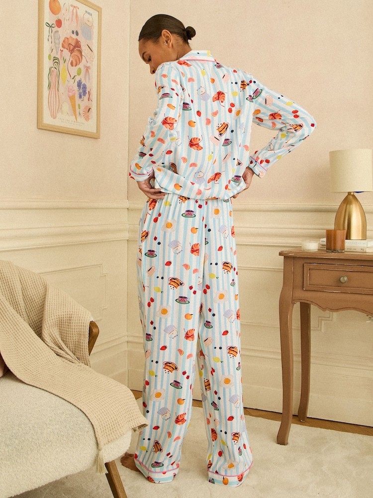 Pale Blue And White Striped - Love & Roses Button Down Pyjamas Set - Imaginea 4 din 4