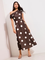 Friends Like These Brown/ Cream Spot Off the Shoulder Hardware Detail Midi Dress - Image 1 of 4