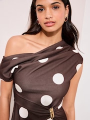 Friends Like These Brown/ Cream Spot Off the Shoulder Hardware Detail Midi Dress - Image 2 of 4