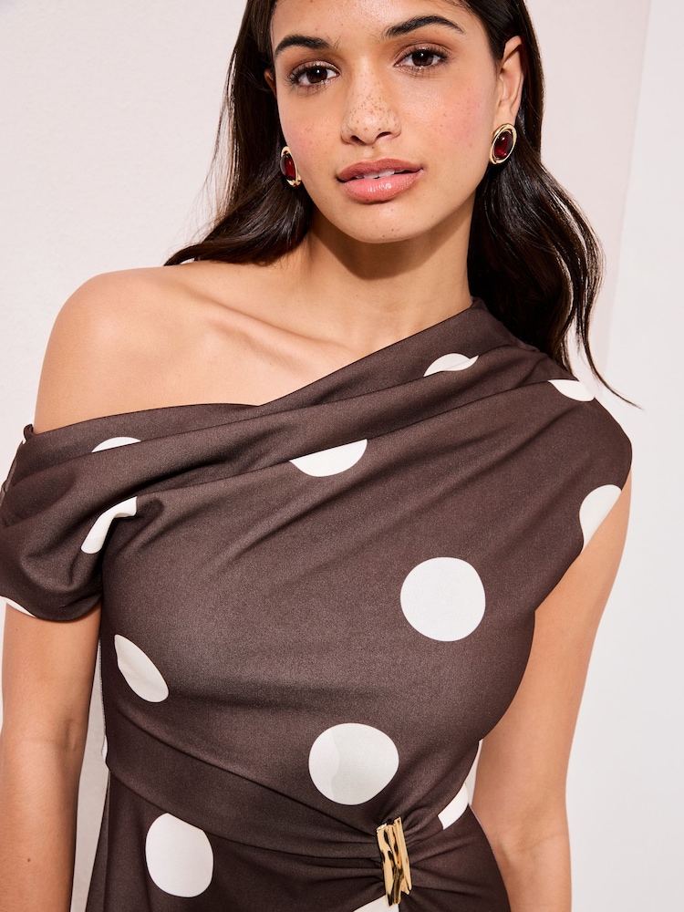 Friends Like These Brown/ Cream Spot Off the Shoulder Hardware Detail Midi Dress - Image 2 of 4