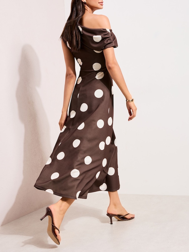 Friends Like These Brown/ Cream Spot Off the Shoulder Hardware Detail Midi Dress - Image 4 of 4