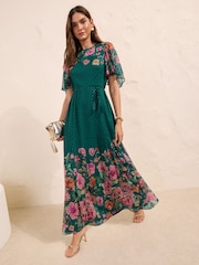 Friends Like These Green/Pink Chiffon Short Sleeve Midi Dress - Image 1 of 4