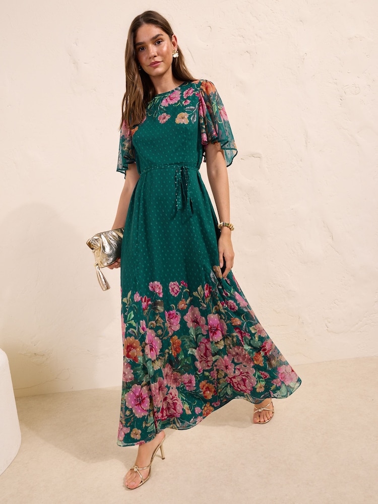 Friends Like These Green/Pink Chiffon Short Sleeve Midi Dress - Image 1 of 4 Friends Like These Green/Pink Chiffon Short Sleeve Midi Dress - Image 1 of 4