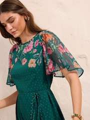 Friends Like These Green/Pink Chiffon Short Sleeve Midi Dress - Image 2 of 4