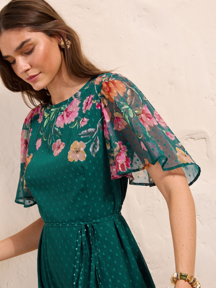 Friends Like These Green/Pink Chiffon Short Sleeve Midi Dress - Image 2 of 4 Friends Like These Green/Pink Chiffon Short Sleeve Midi Dress - Image 2 of 4