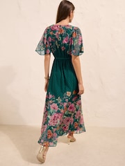 Friends Like These Green/Pink Chiffon Short Sleeve Midi Dress - Image 4 of 4