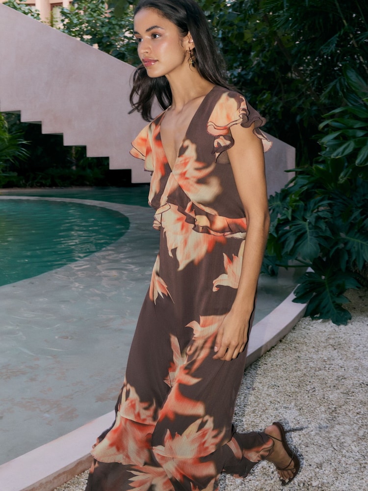 Friends Like These Chocolate Brown Ruffle Short Sleeve Midi Dress - Image 4 of 4