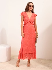 Friends Like These Coral Pink Short Sleeve Ruffle Mini Dress - Image 1 of 4