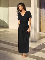 Friends Like These Black Petite V-Neck Shirred Waist Jersey Maxi Dress - Image 1 of 5
