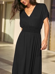 Friends Like These Black Petite V-Neck Shirred Waist Jersey Maxi Dress - Image 2 of 5