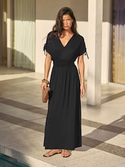 Friends Like These Black Petite V-Neck Shirred Waist Jersey Maxi Dress - Image 3 of 5