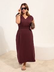 Friends Like These Chocolate Brown Curve V-Neck Shirred Waist Jersey Maxi Dress - Image 1 of 4