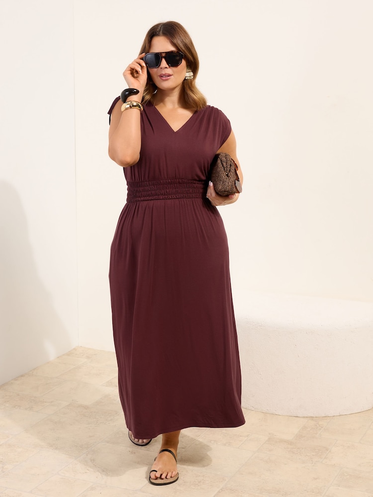 Friends Like These Chocolate Brown Curve V-Neck Shirred Waist Jersey Maxi Dress - Image 1 of 4 Friends Like These Chocolate Brown Curve V-Neck Shirred Waist Jersey Maxi Dress - Image 1 of 4