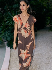 Friends Like These Chocolate Brown Petite Ruffle Sleeve V-Neck Midi Dress - Image 2 of 4