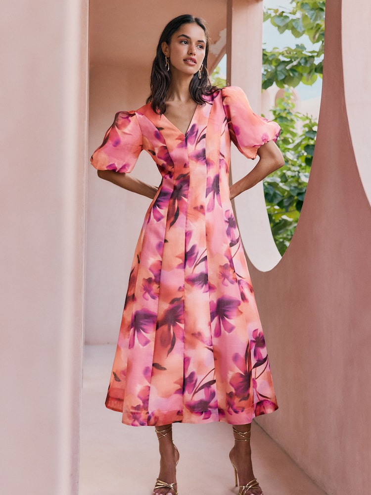 Friends Like These Puff Sleeve V-Neck Midi Dress - Imaginea 1 din 4 Friends Like These Puff Sleeve V-Neck Midi Dress - Imaginea 1 din 4