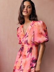 Friends Like These Puff Sleeve V-Neck Midi Dress - Imaginea 3 din 4