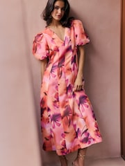 Friends Like These Puff Sleeve V-Neck Midi Dress - Imaginea 4 din 4