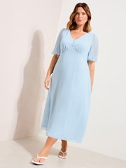 Friends Like These Pale Blue Curve Chiffon Angel Sleeve V-Neck Button Midi Dress - Image 1 of 4