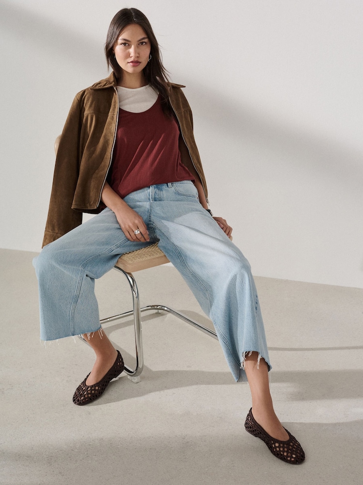 Light Blue Wide Leg Raw Hem Cropped Jeans - Image 1 of 6