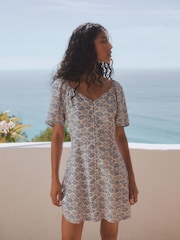 White/Blue Shell Print Flutter Sleeve Mini Dress - Image 2 of 7