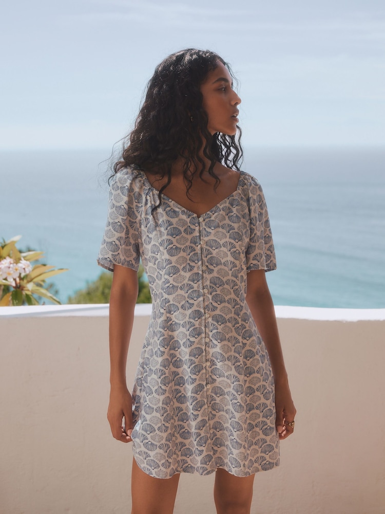 White/Blue Shell Print Flutter Sleeve Mini Dress - Image 2 of 7 White/Blue Shell Print Flutter Sleeve Mini Dress - Image 2 of 7