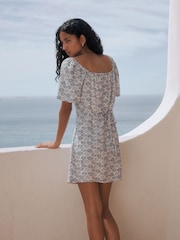 White/Blue Shell Print Flutter Sleeve Mini Dress - Image 3 of 7