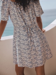 White/Blue Shell Print Flutter Sleeve Mini Dress - Image 4 of 7