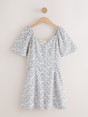 White/Blue Shell Print Flutter Sleeve Mini Dress - Image 5 of 7
