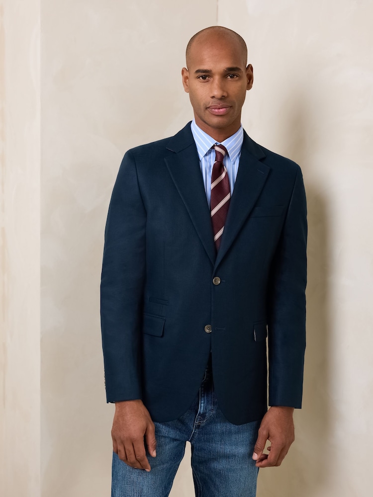 Navy Blue Slim Fit N. Premium Linen Blend Blazer with Stretch and Tencel Lyocell - Image 1 of 6