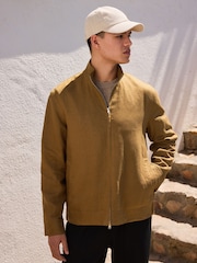 Tan Brown N. Premium 100% Linen Funnel Jacket - Image 1 of 6