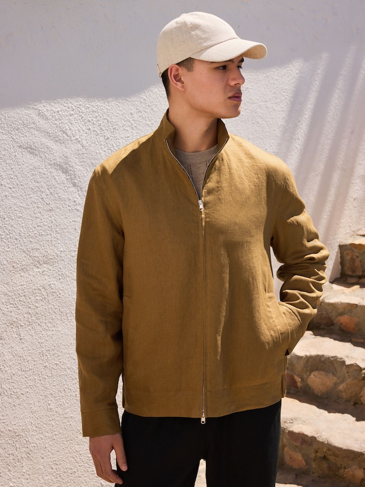 Tan Brown N. Premium 100% Linen Funnel Jacket - Image 1 of 6