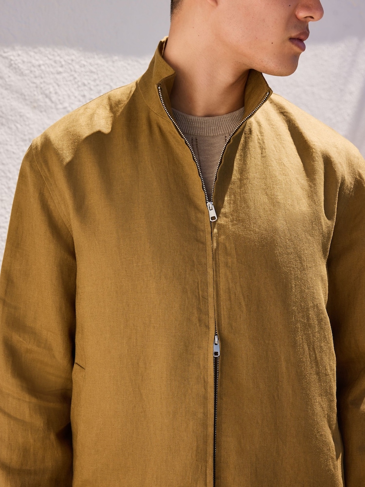 Tan Brown N. Premium 100% Linen Funnel Jacket - Image 6 of 6