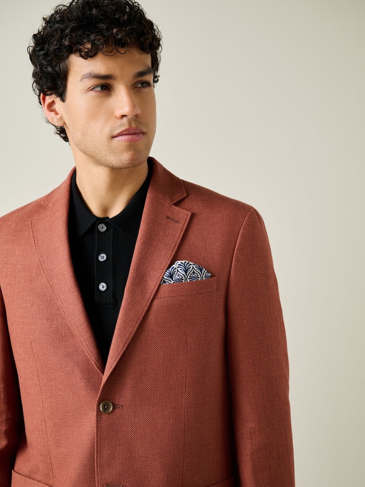 Rust Brown Regular Fit Textured Linen Blend Blazer - Image 1 of 6