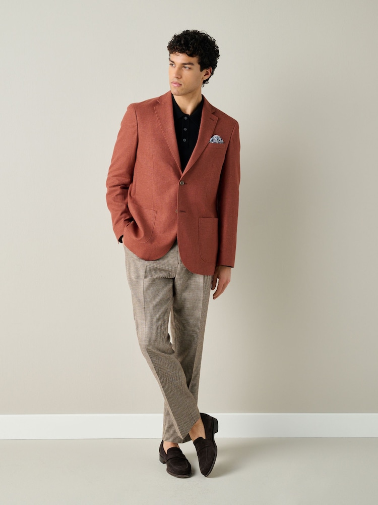 Rust Brown Regular Fit Textured Linen Blend Blazer - Image 2 of 6