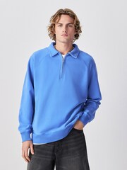 Blue Garment Washed Zip Polo Sweatshirt - Image 1 of 8