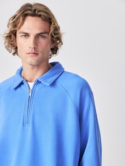 Blue Garment Washed Zip Polo Sweatshirt - Image 4 of 8