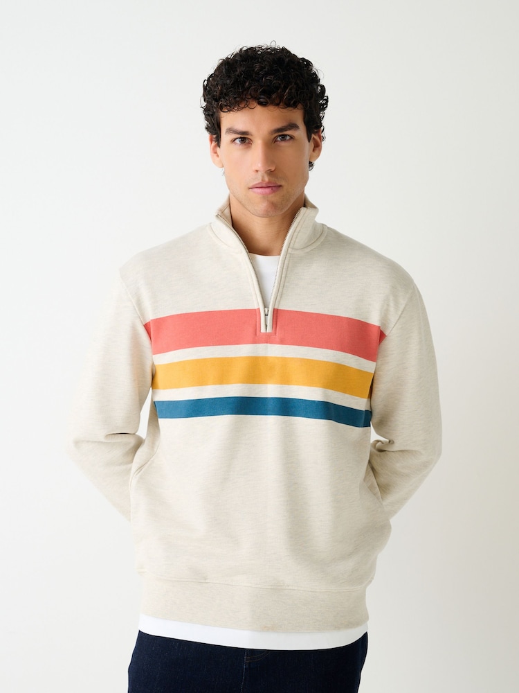Ecru White Marl Colourblock Quarter Zip Sweatshirt - Image 1 of 8