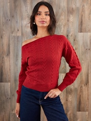 Threadbare Red Cable Knit Slash Neck Jumper - Image 1 of 5