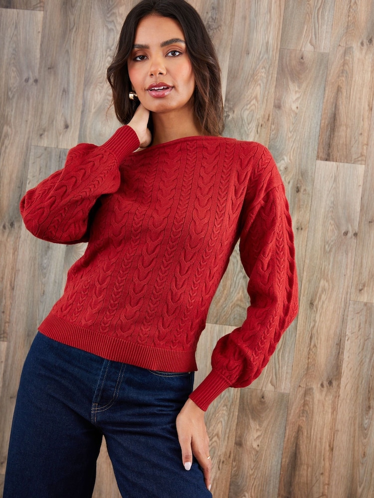 Threadbare Red Cable Knit Slash Neck Jumper - Image 2 of 5