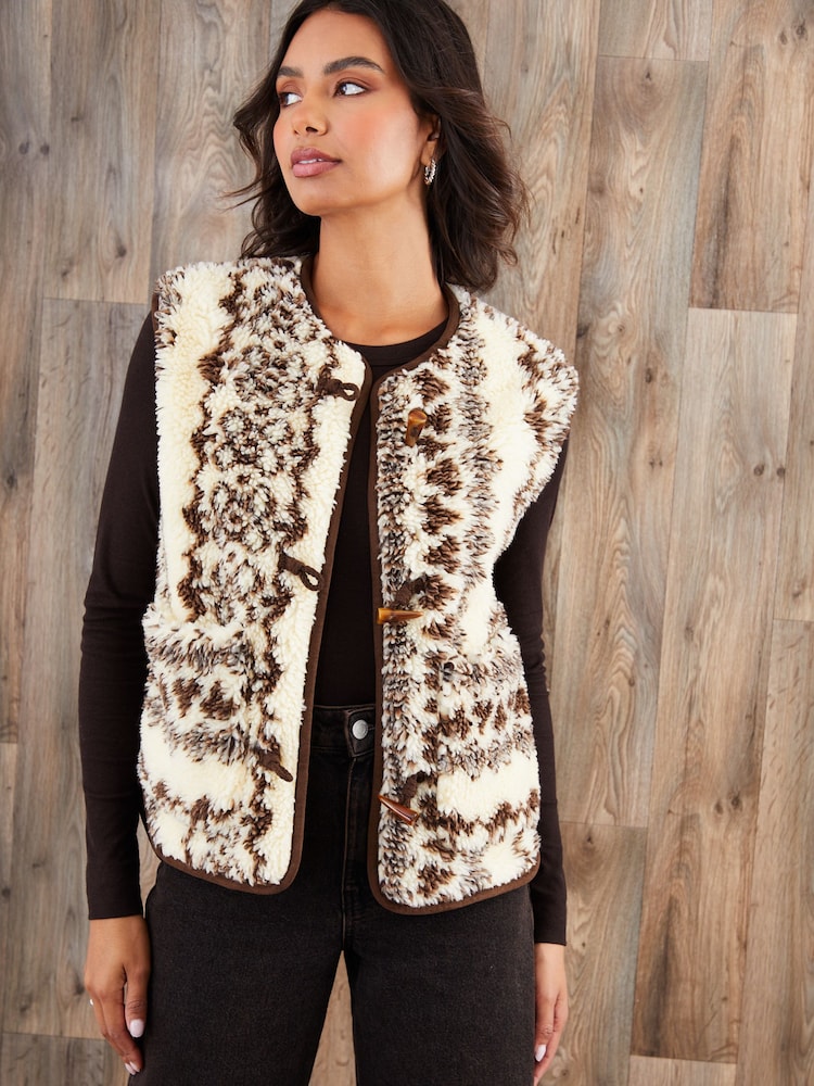 Threadbare Cream Printed Fleece Borg Gilet - Image 1 of 4 Threadbare Cream Printed Fleece Borg Gilet - Image 1 of 4