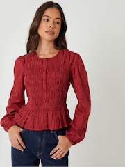 Threadbare Red Shirred Dobby Stripe Button Up Blouse - Image 1 of 5