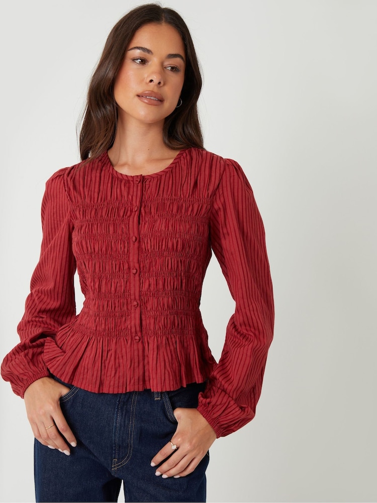 Threadbare Red Shirred Dobby Stripe Button Up Blouse - Image 1 of 5 Threadbare Red Shirred Dobby Stripe Button Up Blouse - Image 1 of 5