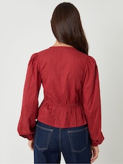 Threadbare Red Shirred Dobby Stripe Button Up Blouse - Image 2 of 5
