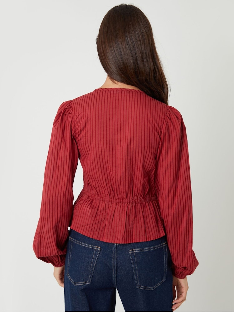 Threadbare Red Shirred Dobby Stripe Button Up Blouse - Image 2 of 5 Threadbare Red Shirred Dobby Stripe Button Up Blouse - Image 2 of 5
