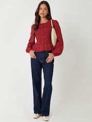 Threadbare Red Shirred Dobby Stripe Button Up Blouse - Image 3 of 5