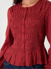 Threadbare Red Shirred Dobby Stripe Button Up Blouse - Image 4 of 5